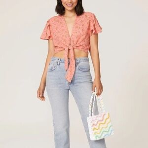 Color Me Courtney Ellie Top Cropped Pink Floral Womens 4 Tie Front